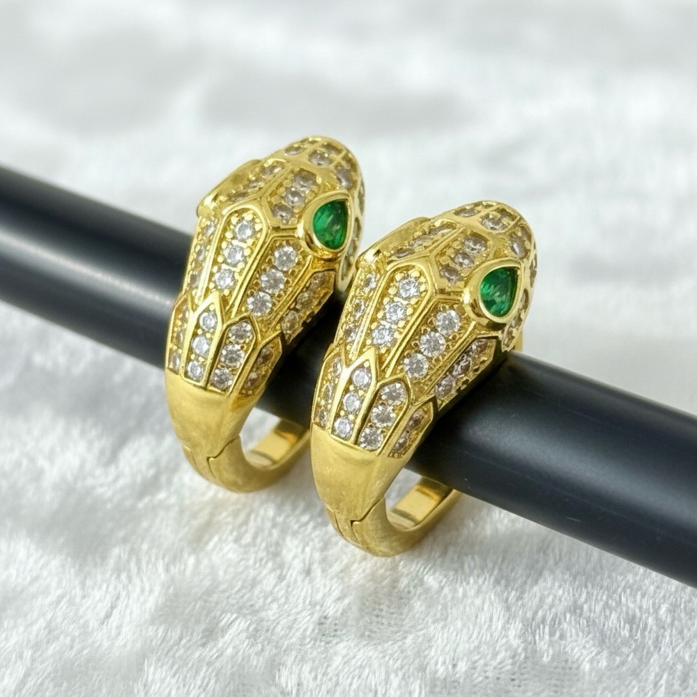 14K Gold Plated Serpent Snake Earrings Emerald Green CZ Pave - Picture 3 of 5